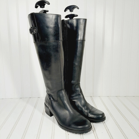 Anne Klein Evon Black Leather Slip On Block Heel Tall Winter Boots A890 - Picture 4 of 14